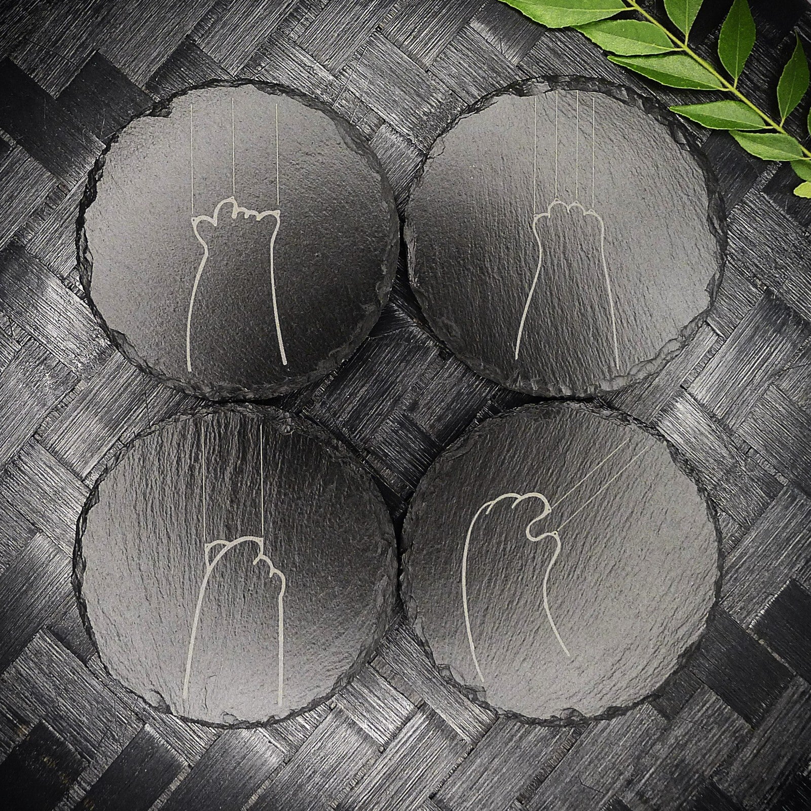 Cute Cat Claw Slate Coaster Set - Cute Engraved Minimalist Cat Paw Design
