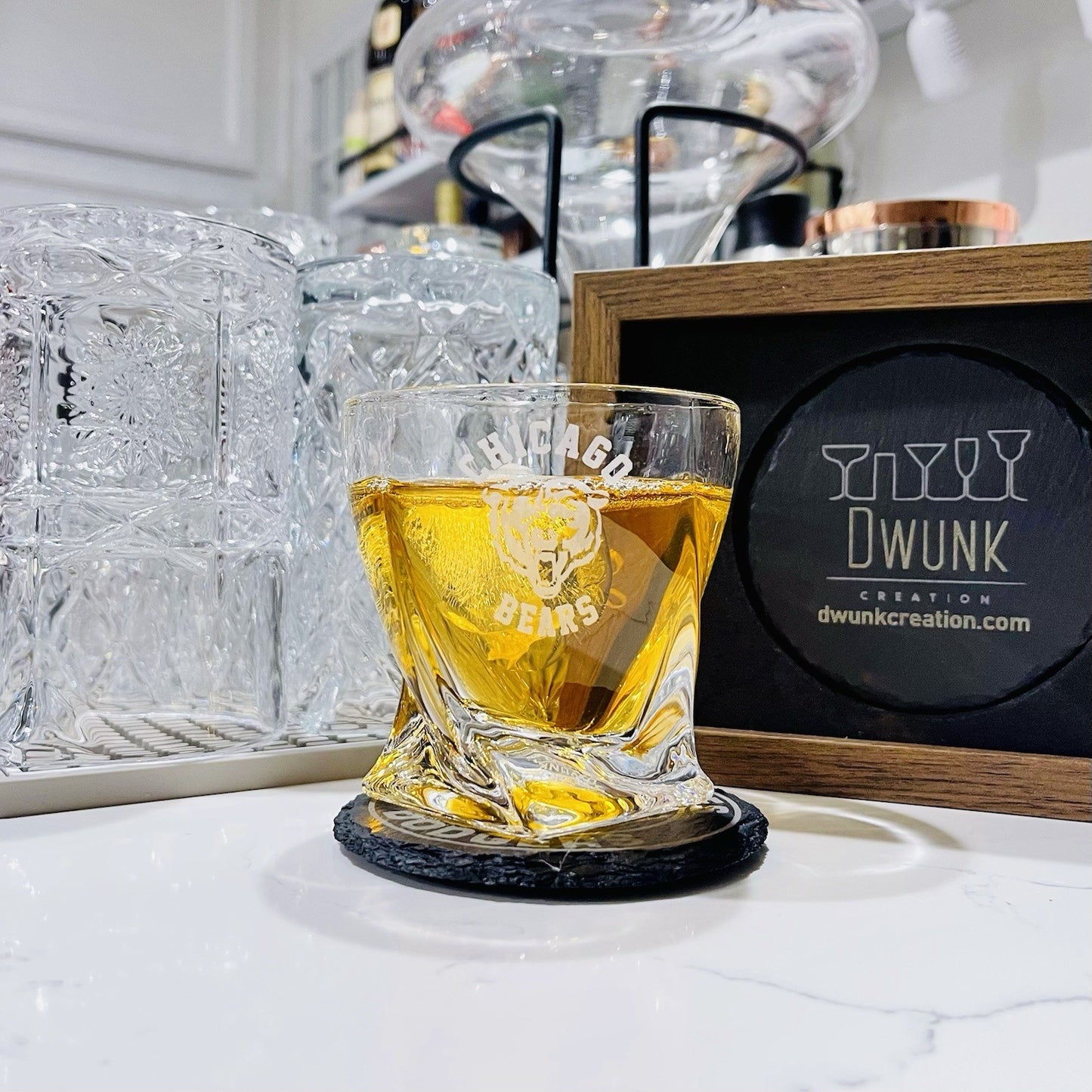 Custom Engraved Chicago Bears Whiskey Glass – 10 oz Twisted Rocks Glass