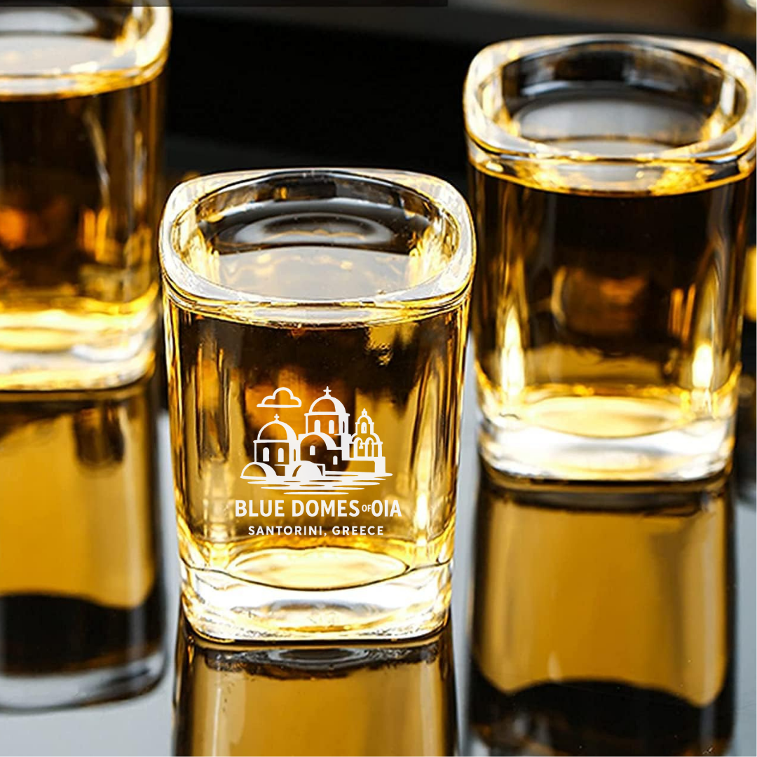 Custom Engraved Blue Domes of Oia Shot Glass – 2.2 oz Square Glass