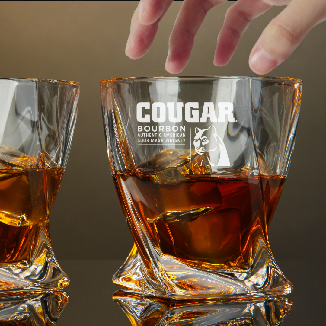 Custom Engraved Cougar Bourbon Whiskey Glass – 10 oz Twisted Rocks Glass