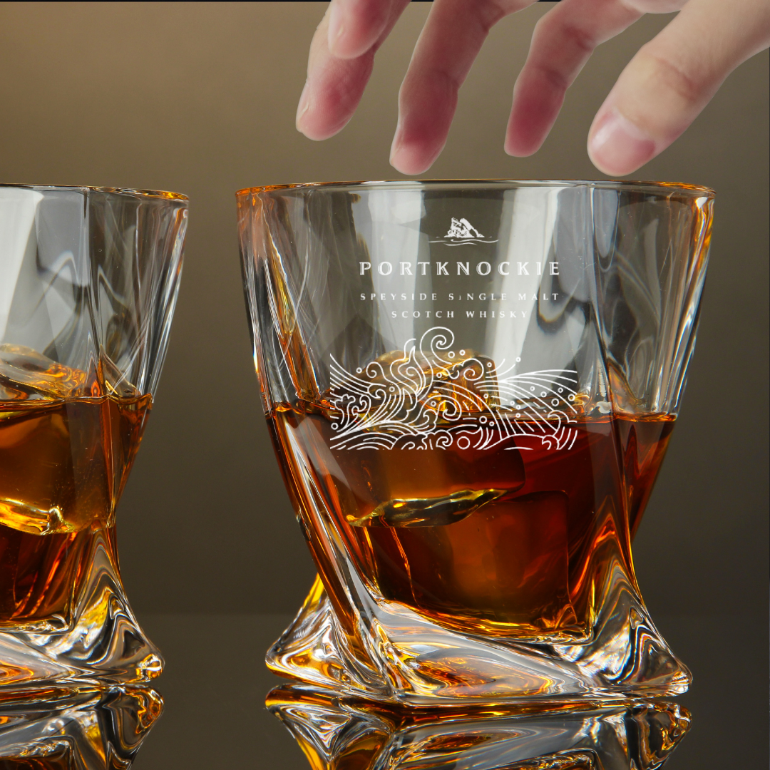 Custom Engraved Portknockie Whiskey Glass – 10 oz Twisted Rocks Glass