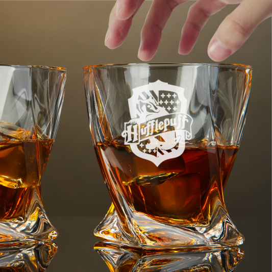 Custom Engraved Hufflepuff Whiskey Glass – 10 oz Twisted Rocks Glass