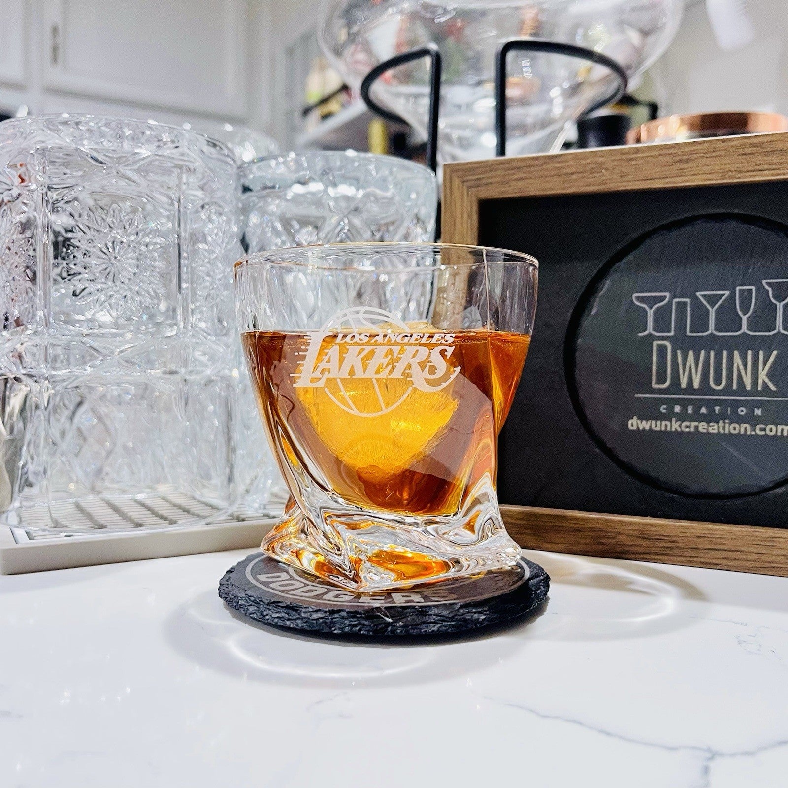 Custom Engraved Los Angeles Lakers Whiskey Glass – 10 oz Twisted Rocks Glass