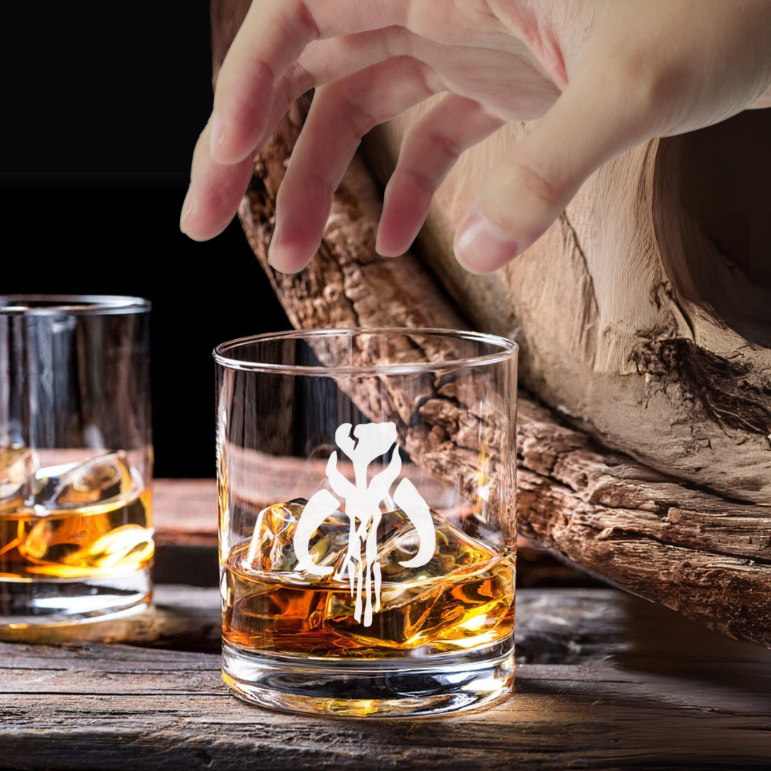 Custom Engraved Boba Fett Skull Whiskey Glass – 7 oz Small Rocks Glass
