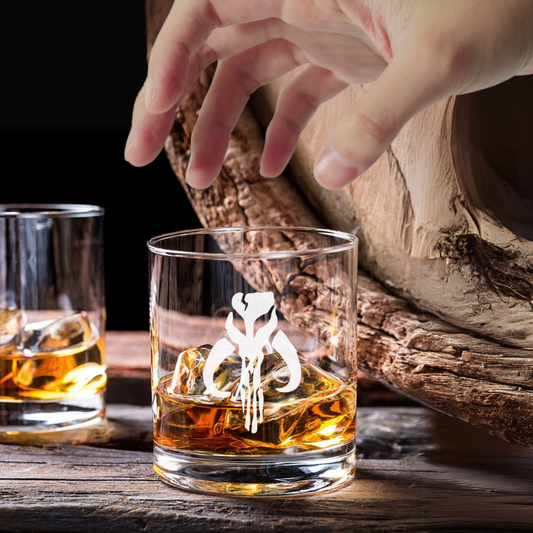 Custom Engraved Boba Fett Skull Whiskey Glass – 7 oz Small Rocks Glass