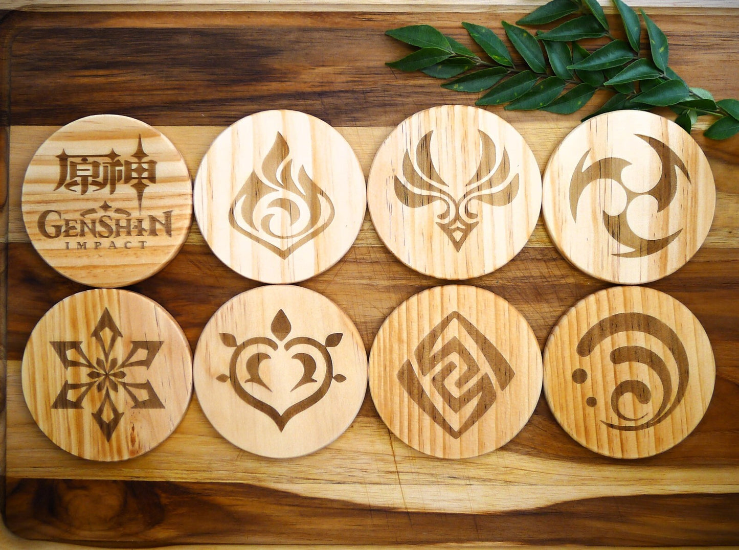 Genshin Impact Archon Wooden Coaster Set Elemental Inspired Gaming Gear