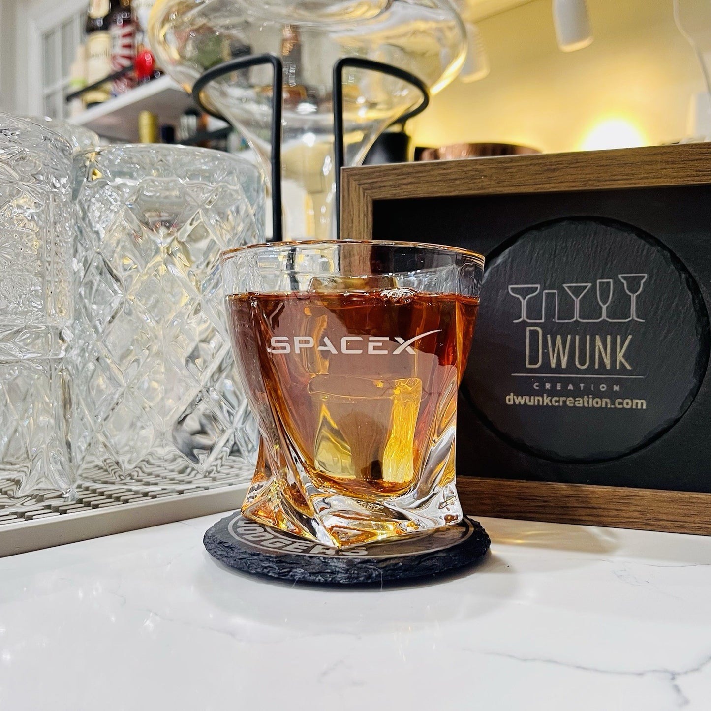 Custom Engraved SpaceX Whiskey Glass – 10 oz Twisted Rocks Glass