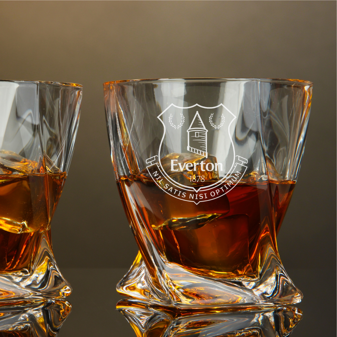 Custom Engraved Everton F.C. Whiskey Glass – 10 oz Twisted Rocks Glass