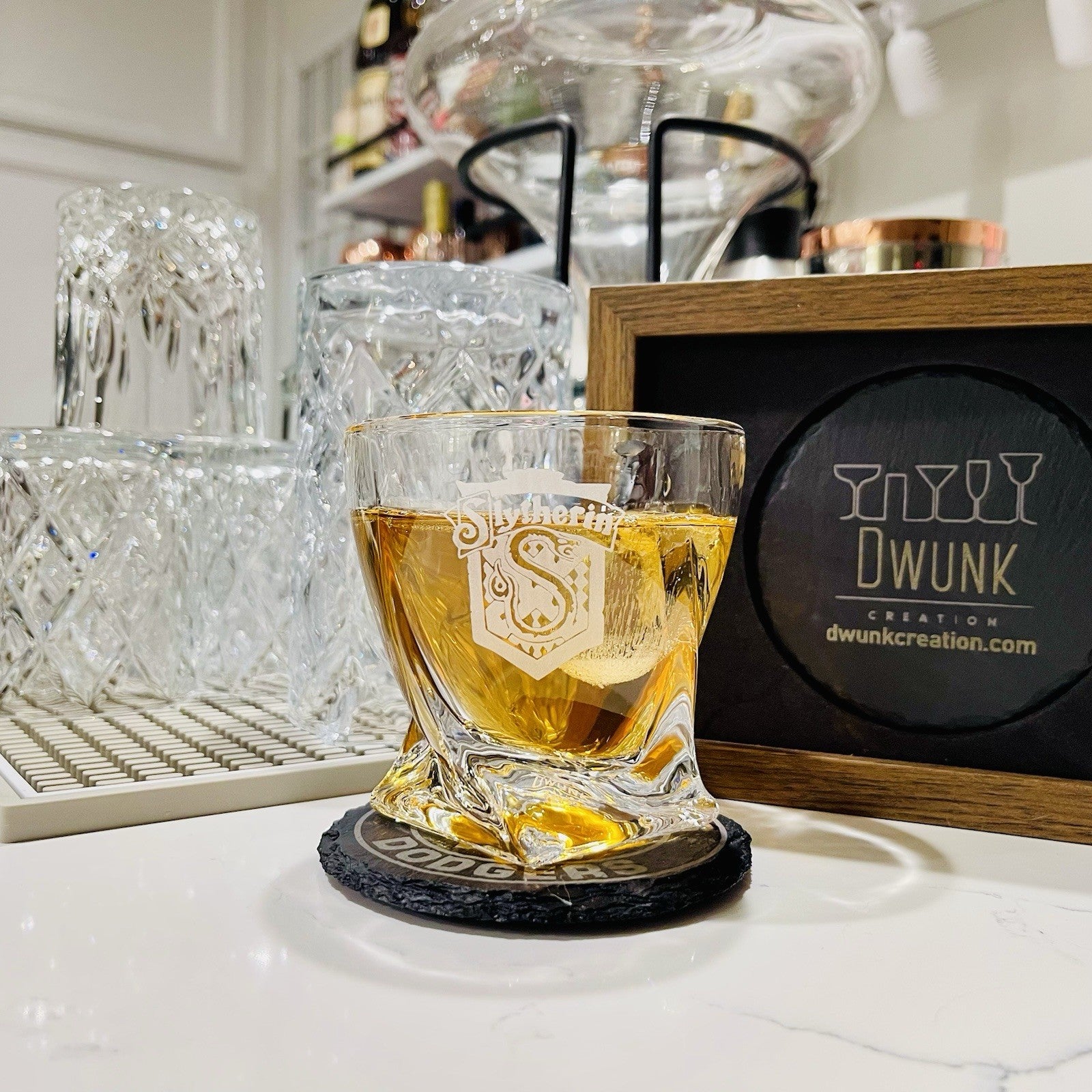 Custom Harry Potter House Slytherin Whiskey Glass – 10 oz Twisted Rocks Glass