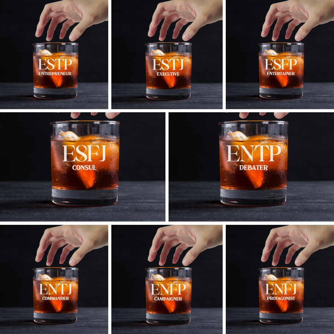 Custom Engraved ESTJ Whiskey Glass – 11 oz Standard Rocks Glass MBTI