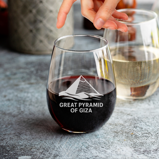 Custom Engraved Great Pyramid of Giza Wine Glass – 15 oz Stemless Glass
