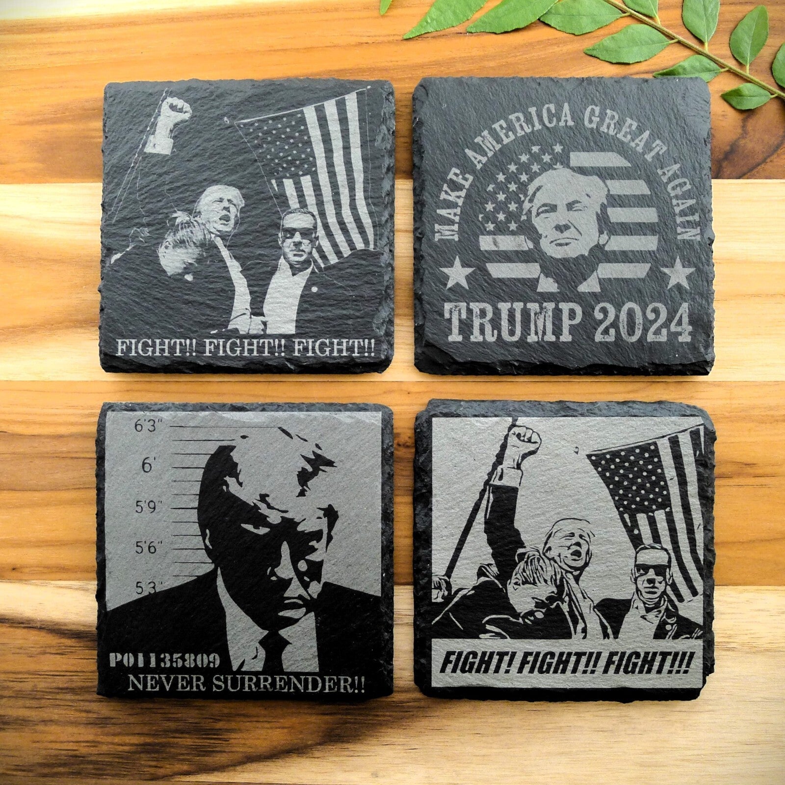 Trump 2024 FIGHT Never Surrender Assassination MAGA Square Slate Coaster Set