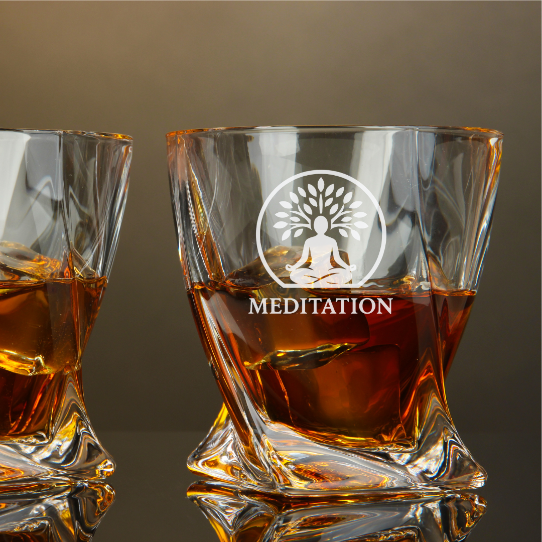 Custom Engraved Yoga Meditation Whiskey Glass – 10 oz Twisted Rocks Glass
