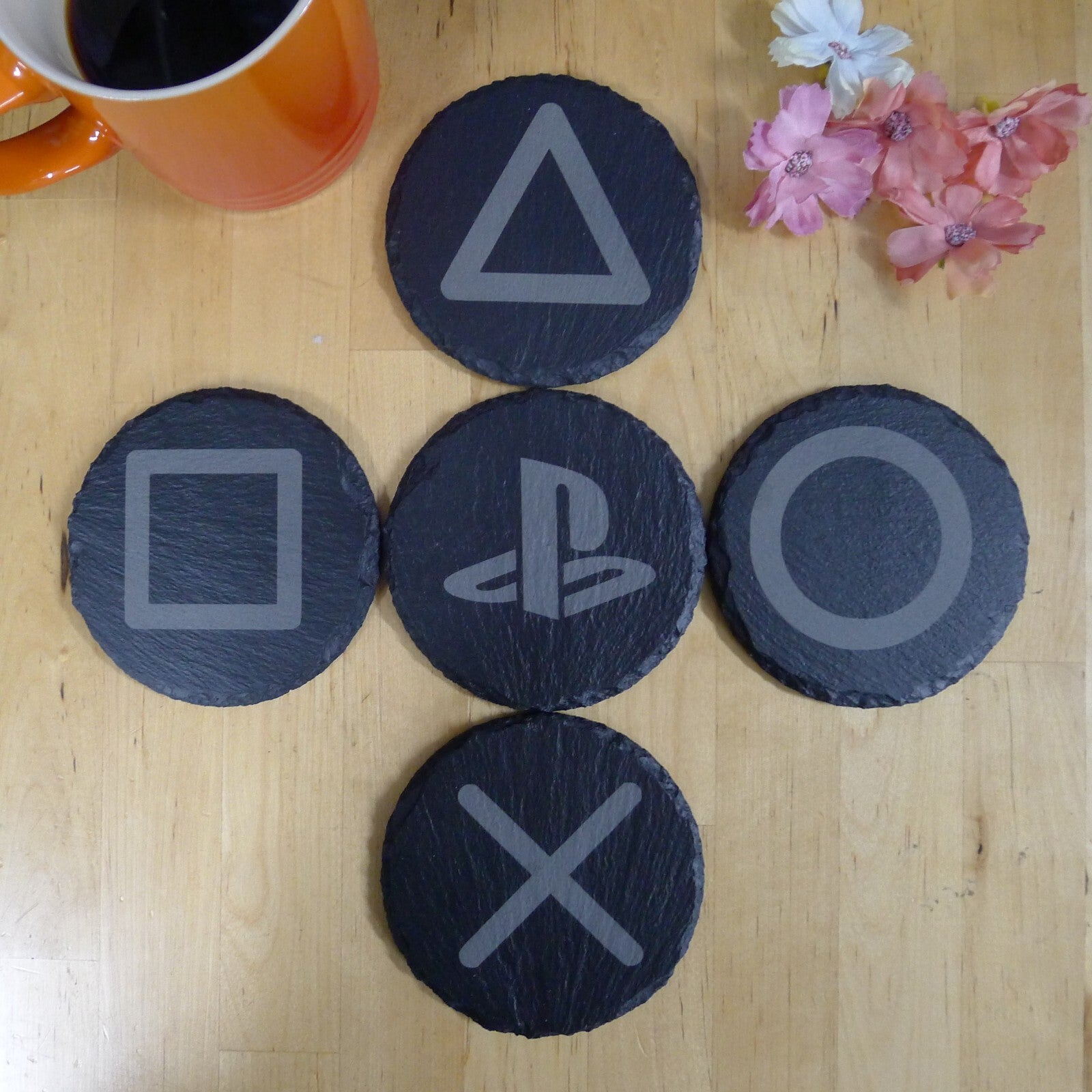 PlayStation Slate Coaster Set Gaming Decor PS5 Inspired Brand New Laser Engraved