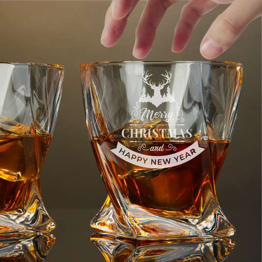 Custom Engraved Merry Christmas & Happy New Year Twisted Whiskey Glass – 10 oz