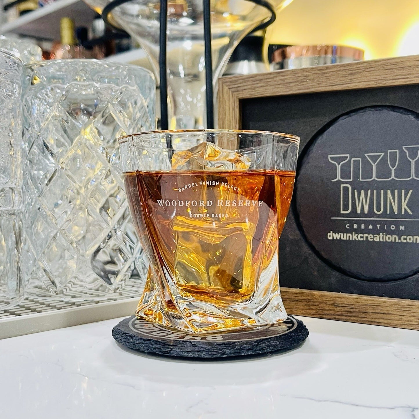 Custom Engraved Woodford Reserve Double Oaked Whiskey Glass – 10 oz Twisted Rock