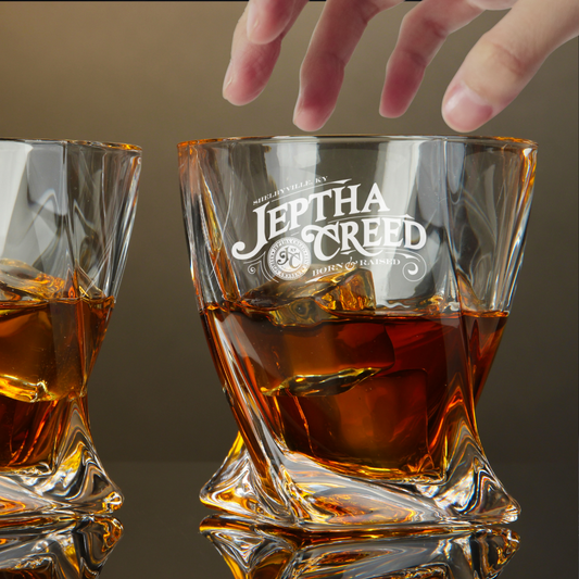 Custom Engraved Jeptha Creed Whiskey Glass – 10 oz Twisted Rocks Glass