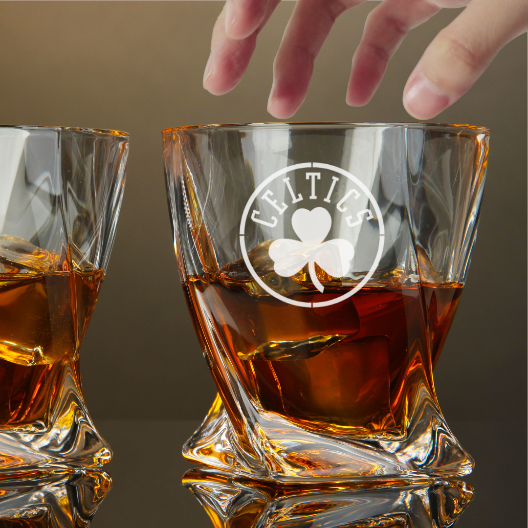 Custom Engraved Boston Celtics Whiskey Glass – 10 oz Twisted Rocks Glass