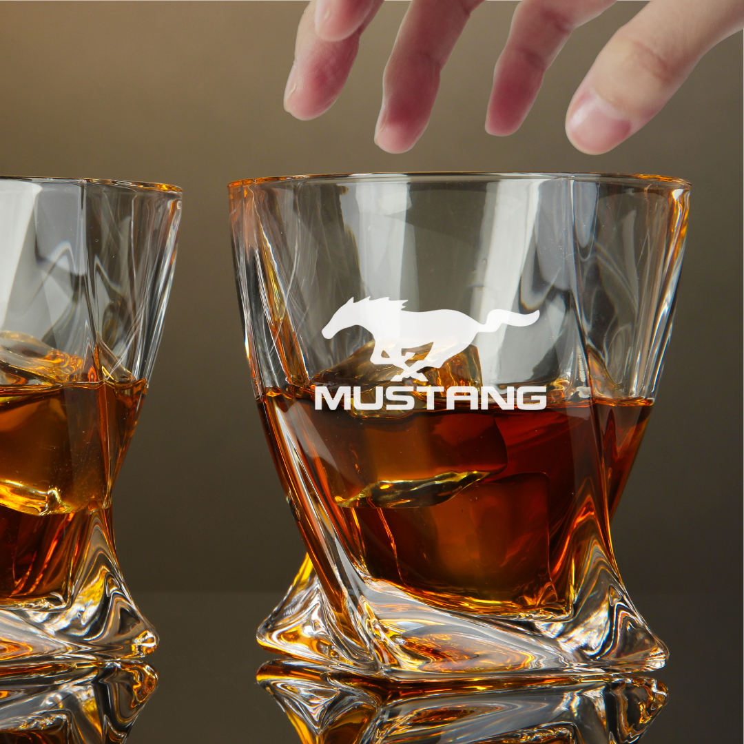 Custom Engraved Classic Mustang Whiskey Glass – 10 oz Twisted Rocks Glass