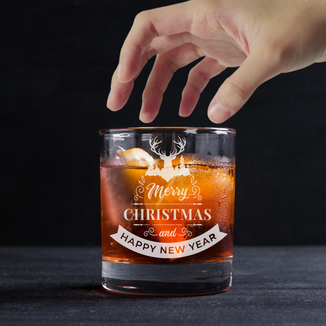 Custom Engraved Merry Christmas and Happy New Year Rocks Whiskey Glass – 11 oz C