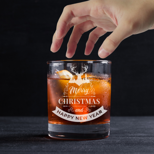 Custom Engraved Merry Christmas and Happy New Year Rocks Whiskey Glass – 11 oz C
