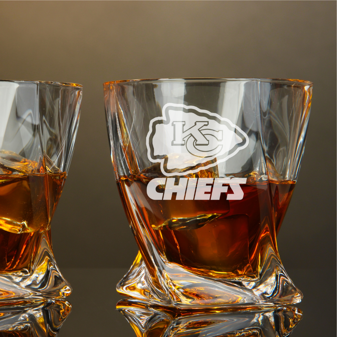 Custom Engraved Kansas City Chiefs Whiskey Glass – 10 oz Twisted Rocks Glass