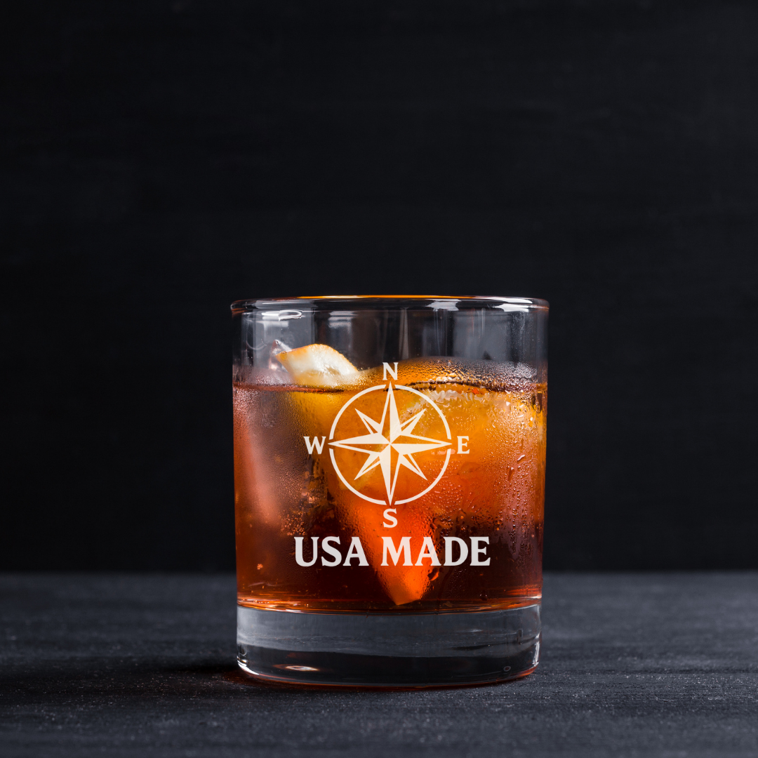 Custom Engraved Compass Rose USA Made Whiskey Glass – 11 oz Standard Rocks Glass