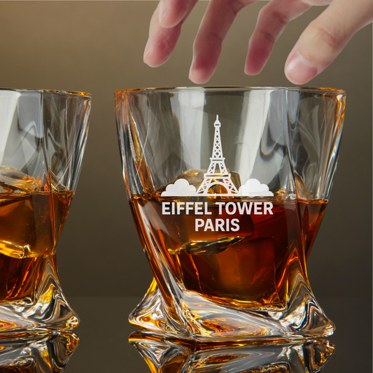 Custom Engraved Eiffel Tower Paris France Whiskey Glass – 10 oz Twisted Rocks