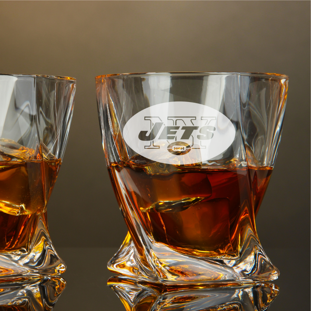 Custom Engraved New York Jets Whiskey Glass – 10 oz Twisted Rocks Glass