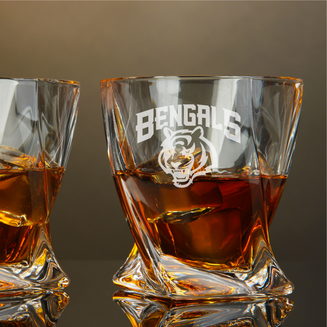 Custom Engraved Cincinnati Bengals Whiskey Glass – 10 oz Twisted Rocks Glass