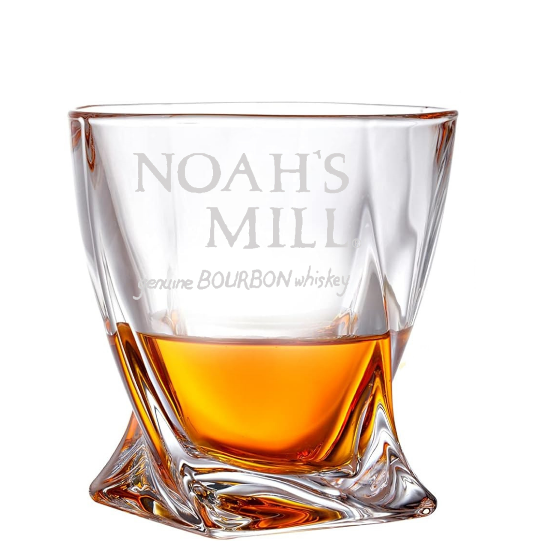 Custom Engraved Noah's Mill Bourbon Whiskey Glass 10 oz Twisted Rocks Glass New
