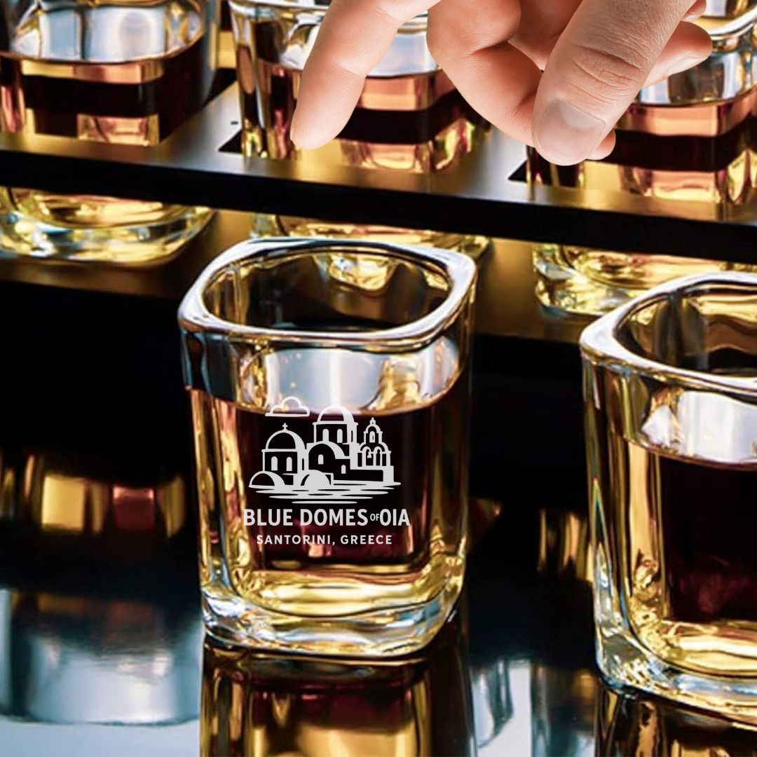 Custom Engraved Blue Domes of Oia Shot Glass – 2.2 oz Square Glass