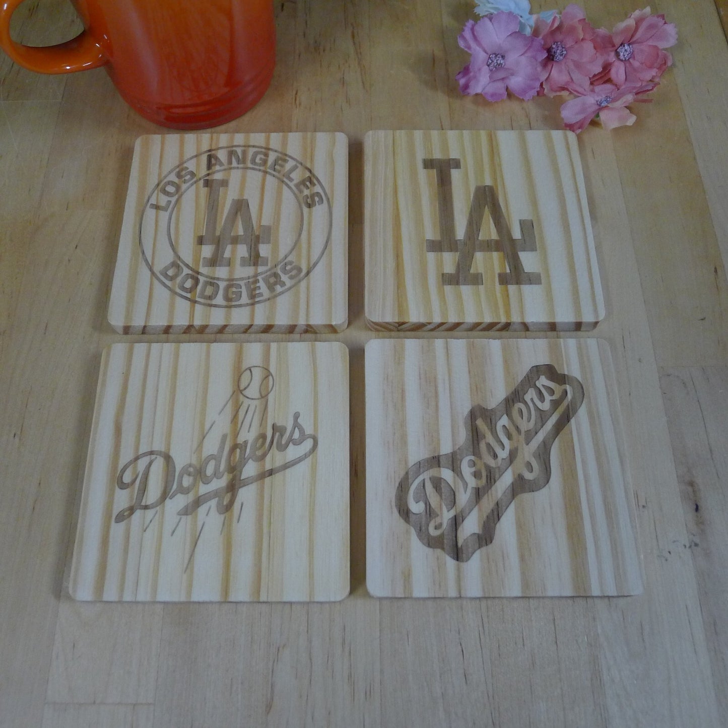 Los Angeles LA Dodgers Coaster Set MLB Brand New Laser Engraved Wood Hand Made 