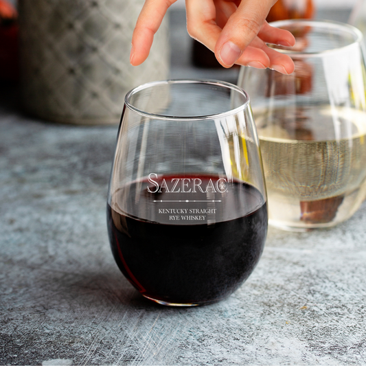 Custom Engraved Sazerac Rye Stemless Wine Glass – 15 oz