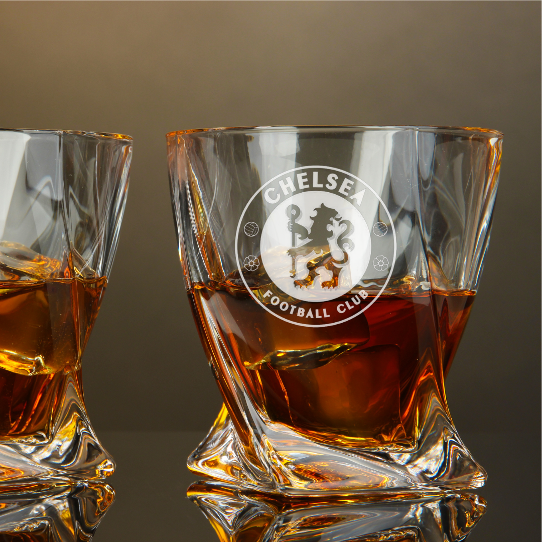 Custom Engraved Chelsea Football Club Whiskey Glass – 10 oz Twisted Rocks Glass