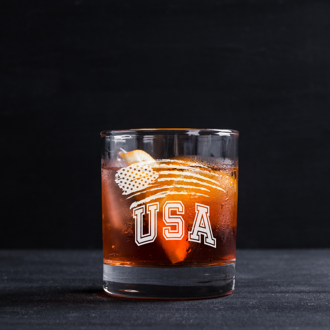 Independence Day USA Flag Whiskey Glass – 11 oz Engraved Standard Rocks Glass