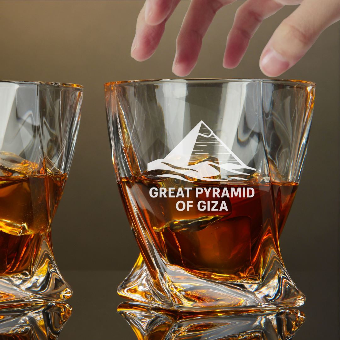 Custom Engraved Great Pyramid of Giza Egypt Whiskey Glass – 10 oz Twisted Rocks
