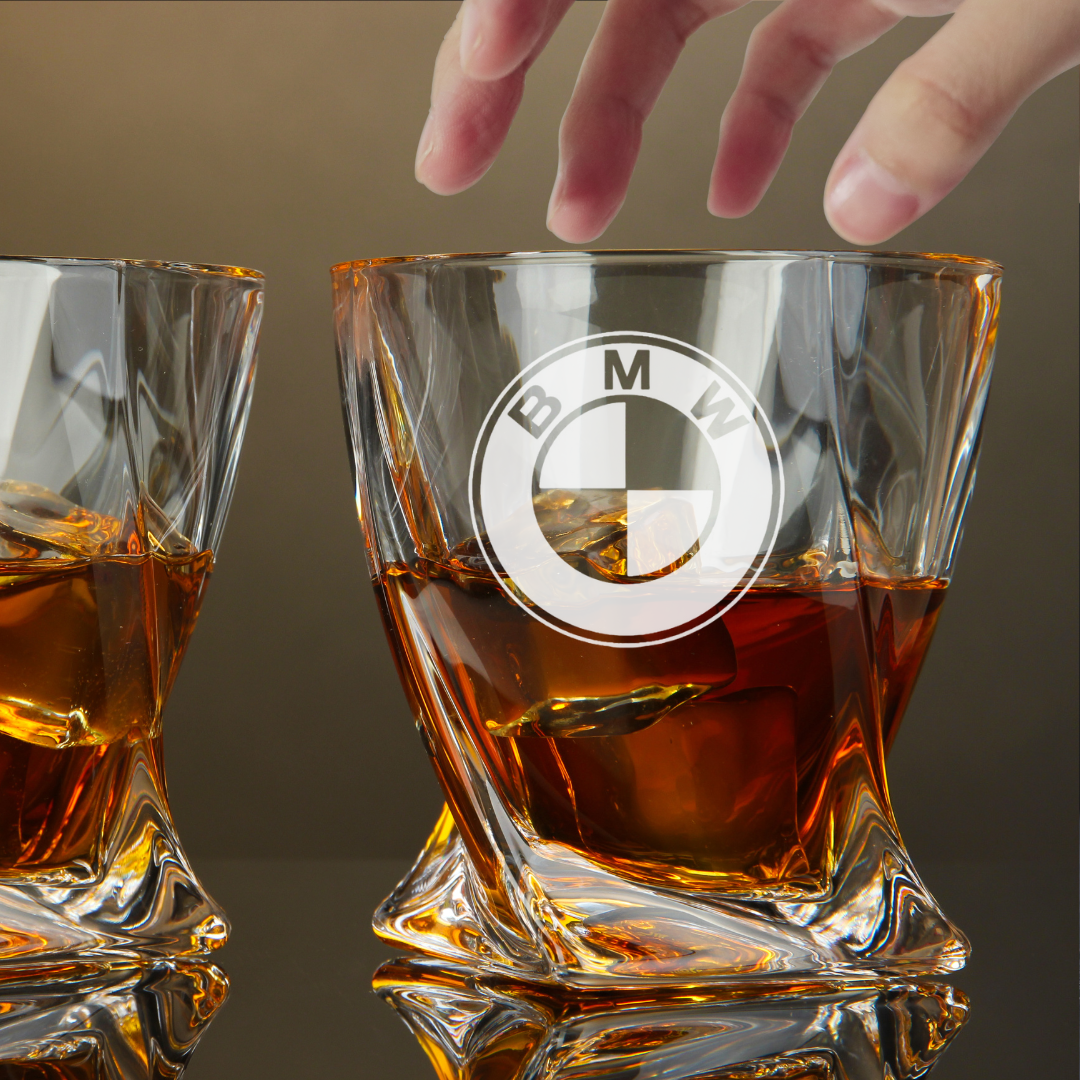Custom Engraved BMW Whiskey Glass – 10 oz Twisted Rocks Glass
