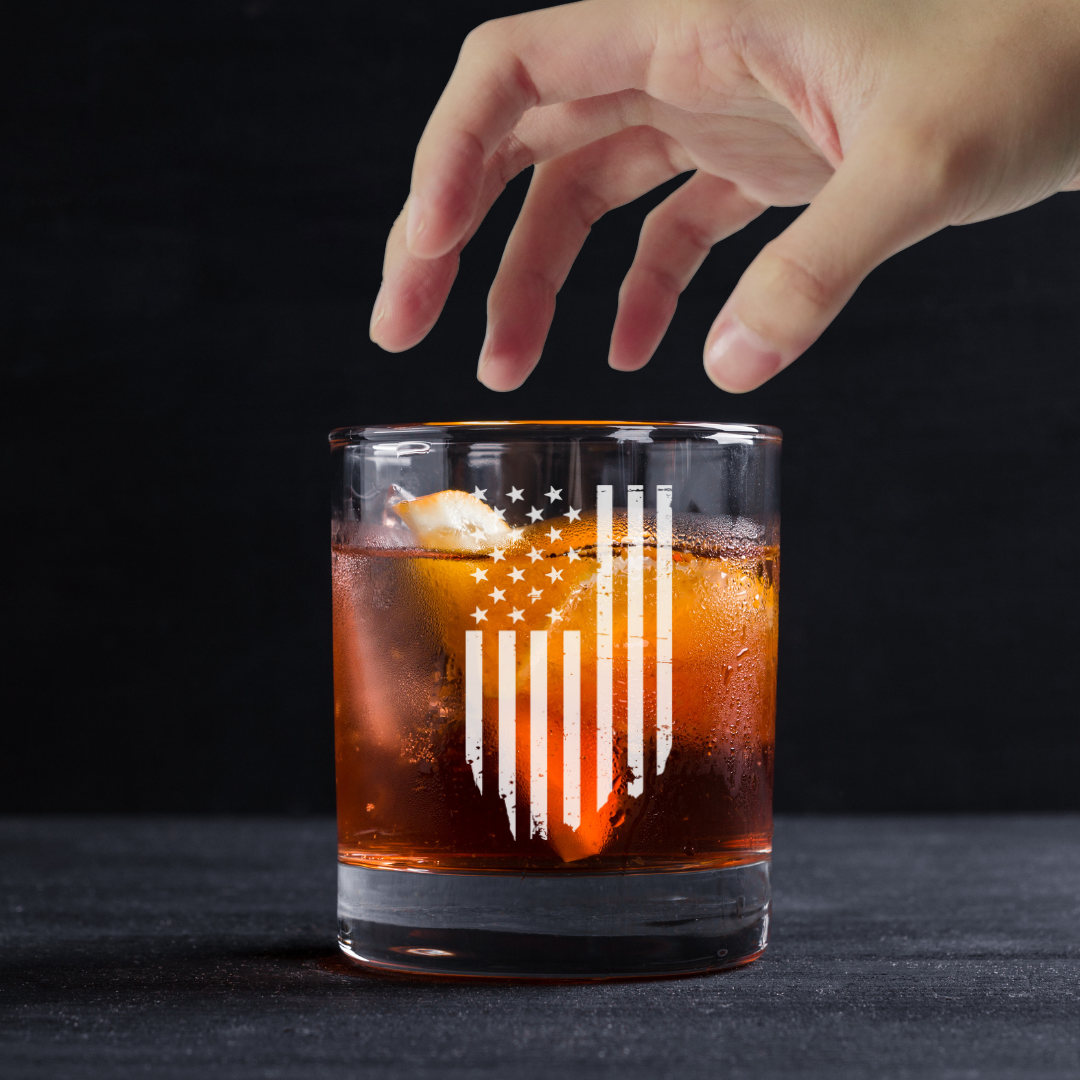 Independence Day Vertical Flag Whiskey Glass 11 oz Engraved Standard Rocks Glass