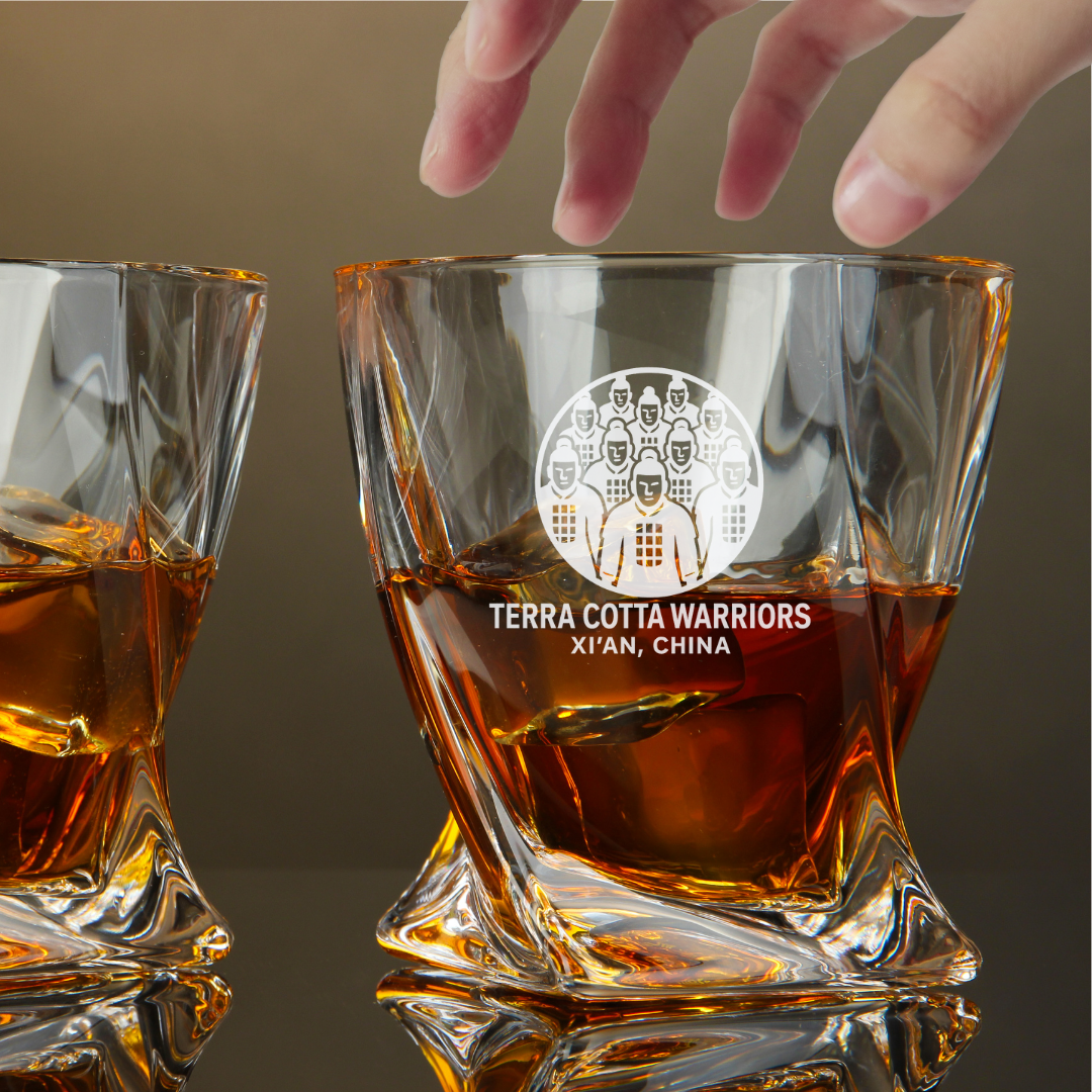 Custom Engraved Terra Cotta Warriors Xian China Whiskey Glass – 10 oz Twisted