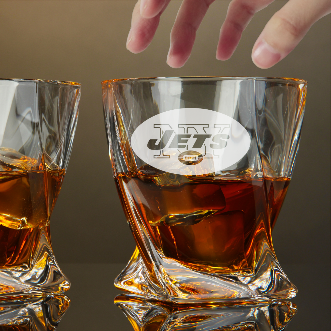 Custom Engraved New York Jets Whiskey Glass – 10 oz Twisted Rocks Glass