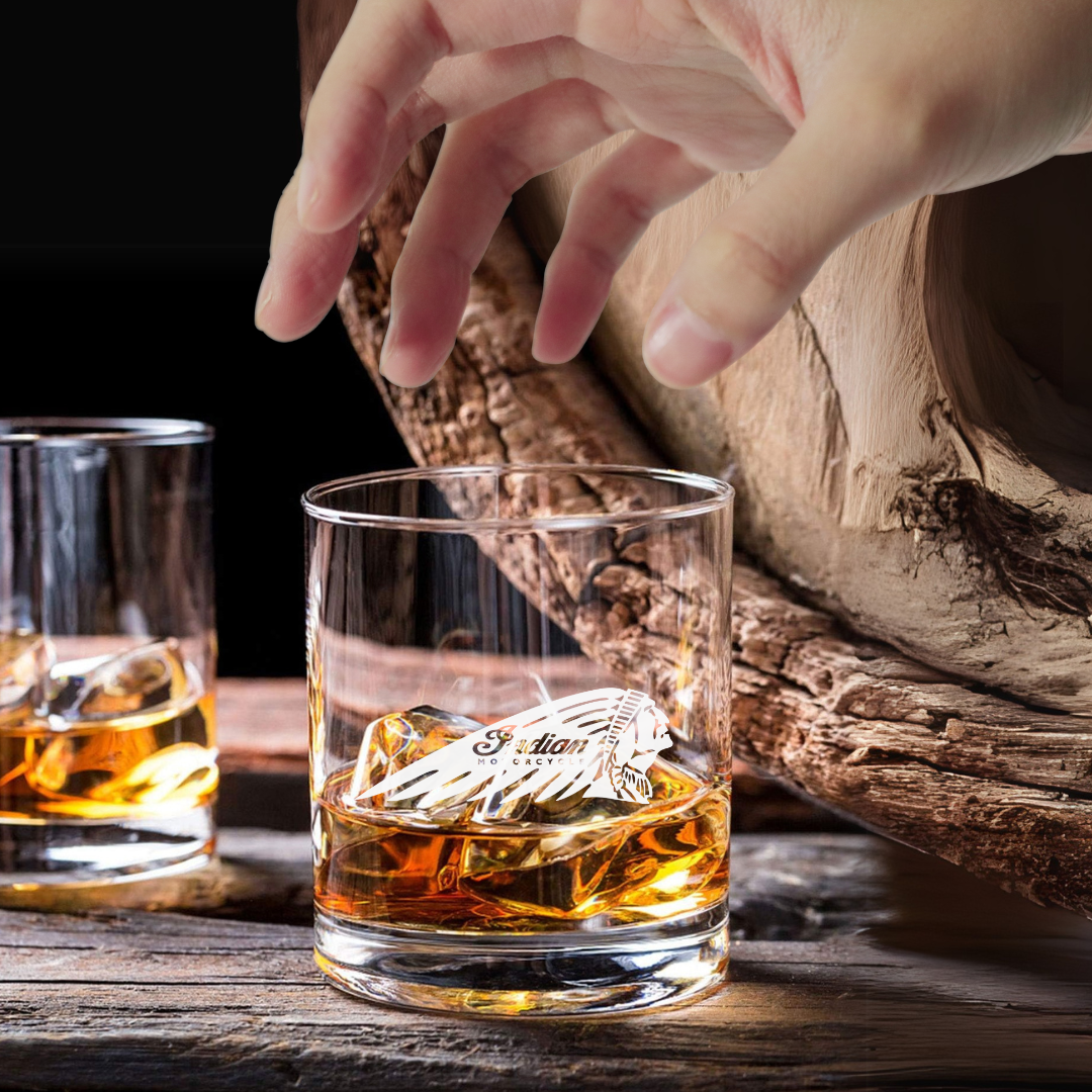 Custom Engraved Indian Motorcycle Whiskey Glass – 7 oz Small Rocks Glass