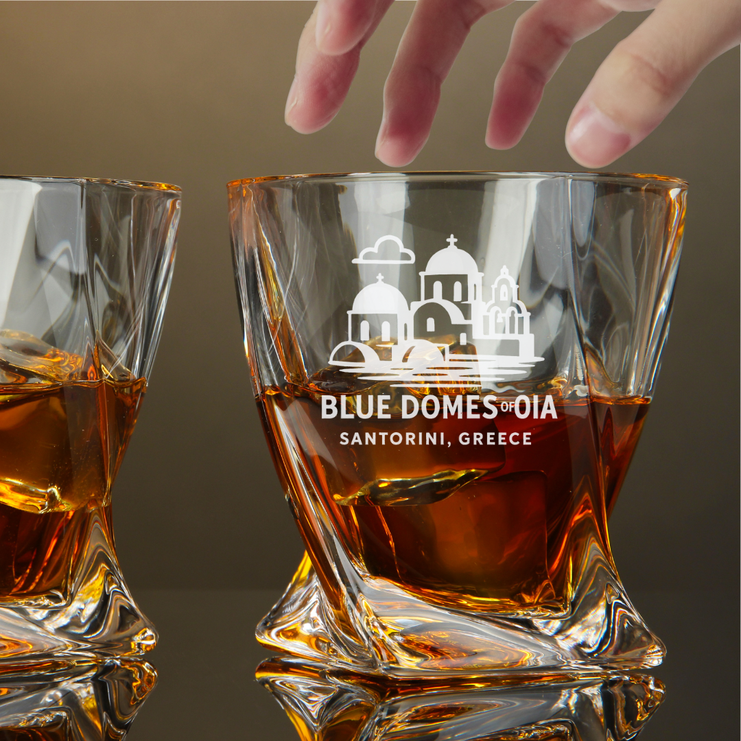 Custom Engraved Blue Domes of Oia Santorini Greece Whiskey Glass – 10 oz Twisted