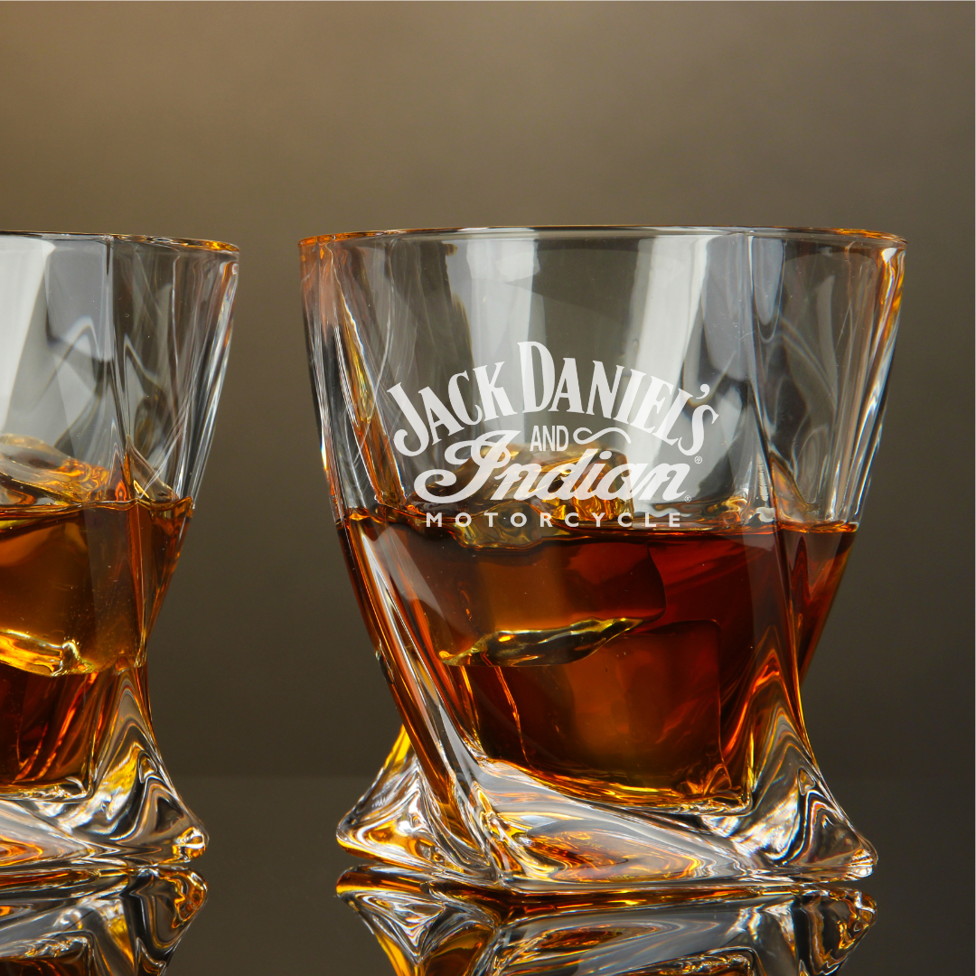 Custom Engraved Jack Daniels & Indian Motorcycle Whiskey Glass – 10 oz Twisted