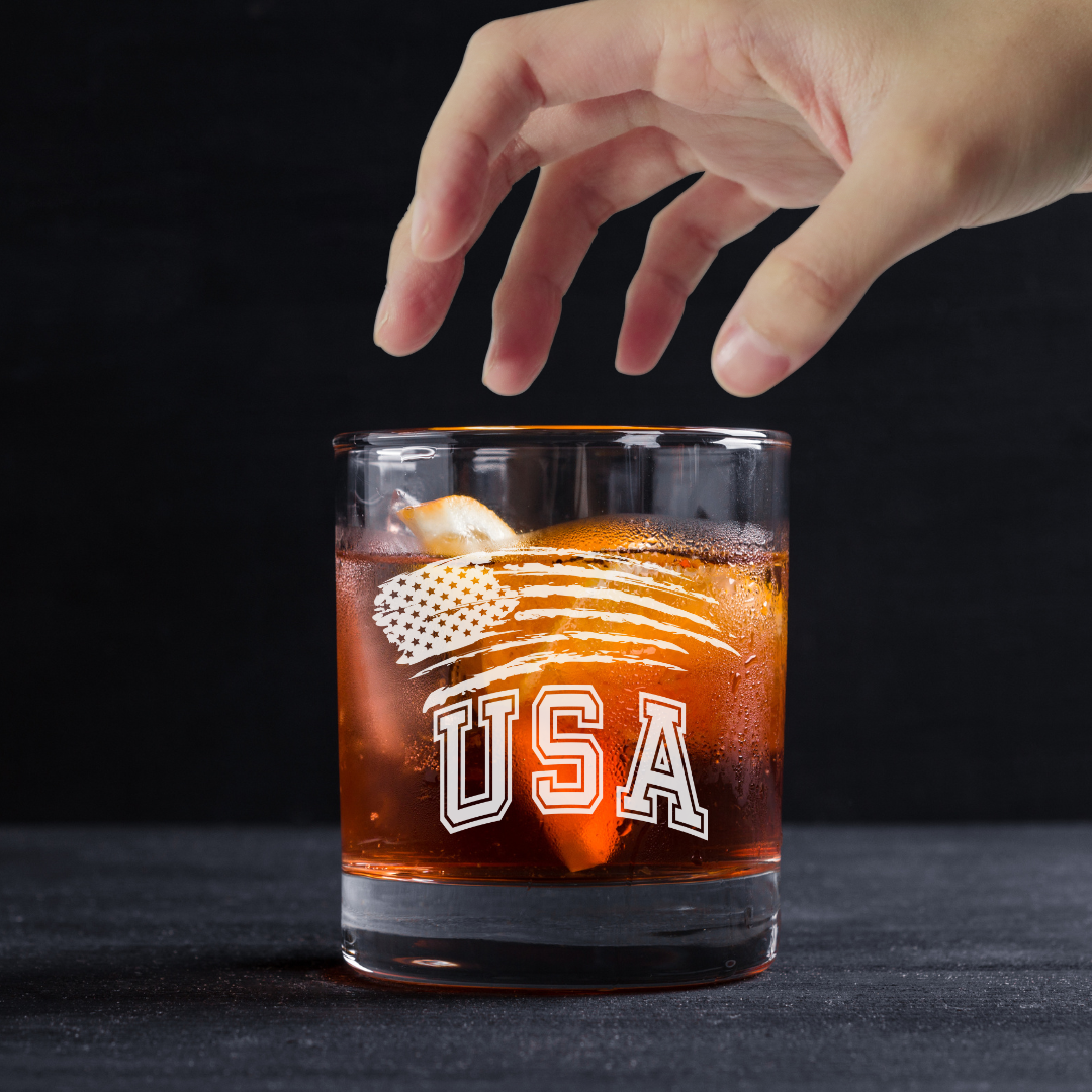 Independence Day USA Flag Whiskey Glass – 11 oz Engraved Standard Rocks Glass