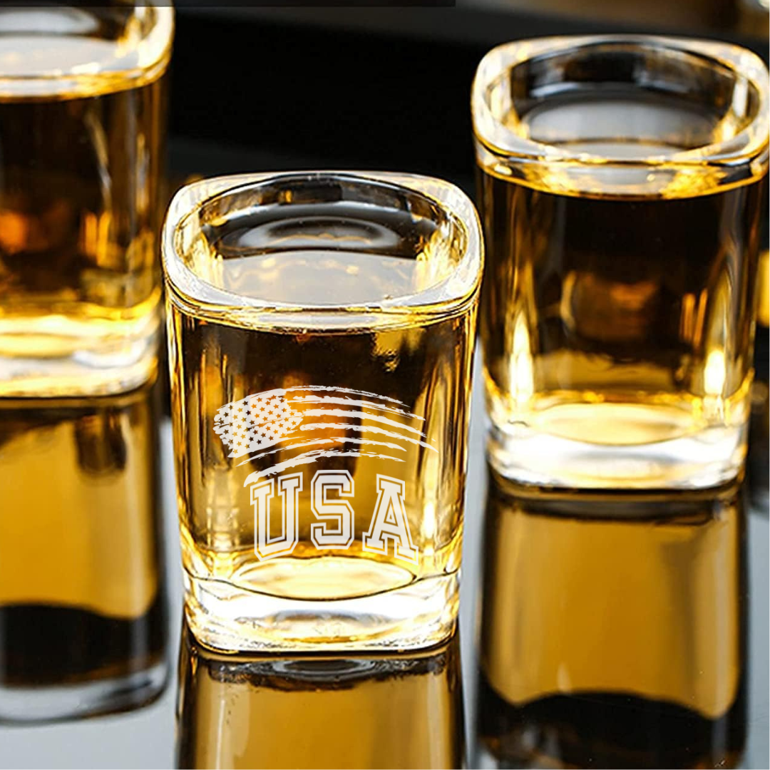 Independence Day  USA Flag Shot Glass – 2.2 oz Engraved Square Shot Glass