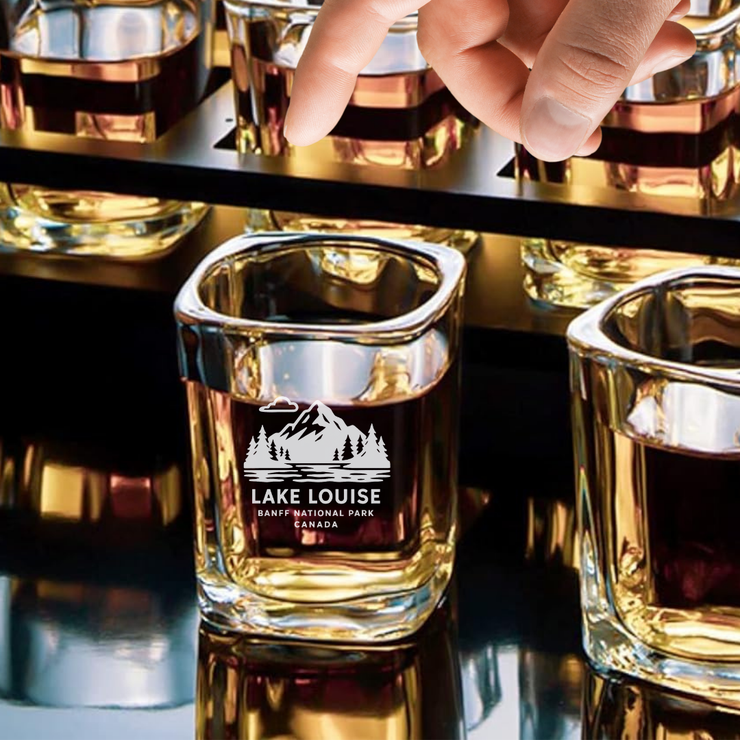 Custom Engraved Lake Louise Shot Glass – 2.2 oz Square Shot Glass