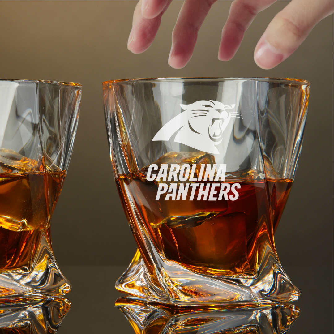 Custom Engraved Carolina Panthers Whiskey Glass – 10 oz Twisted Rocks Glass