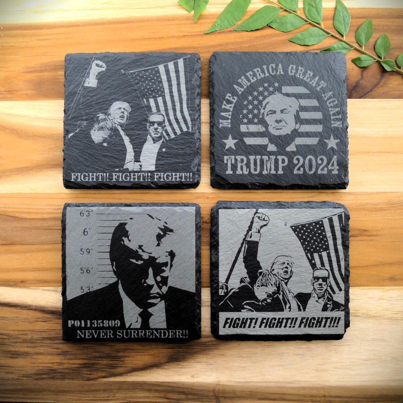 Trump 2024 FIGHT Never Surrender Assassination MAGA Square Slate Coaster Set