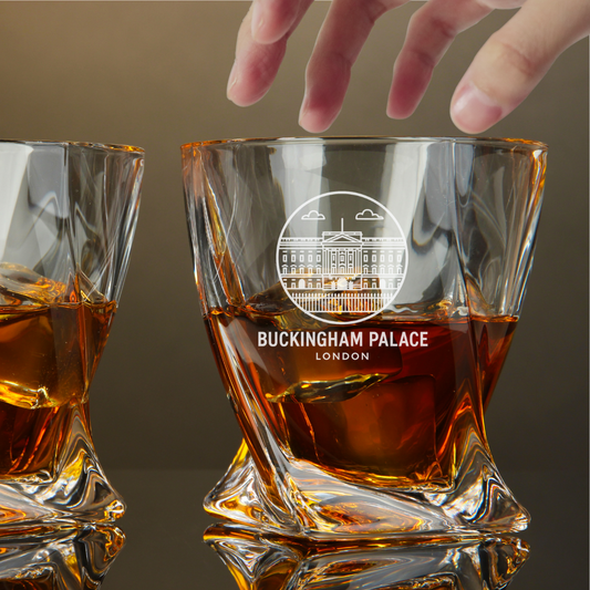 Custom Engraved Buckingham Palace London Whiskey Glass – 10 oz Twisted Rocks